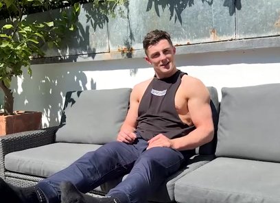 Ripped & Muscular Stud Tristan Flexing outdoors
